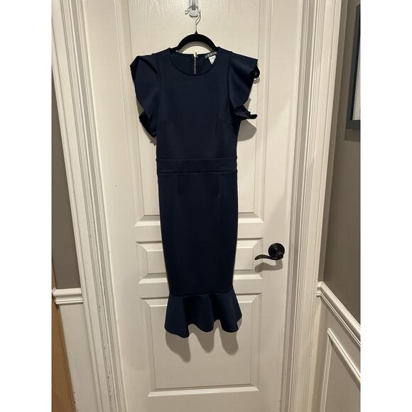 Elegant Navy Blue Ruffle Hem Sheath Dress by Venus XS - Picture 10 of 15